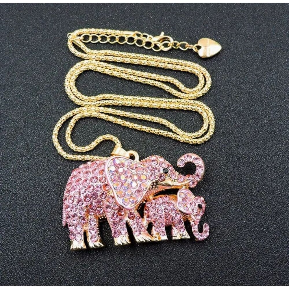 Betsey Johnson Necklace Pink Crystal Elephant Pendant Gold Tone